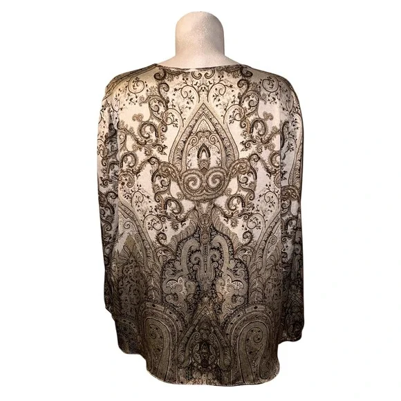 Chicos Women Brown Cream Paisley Tassel Tie Split Neck Blouse Top Size (3) XL - Picture 5 of 9